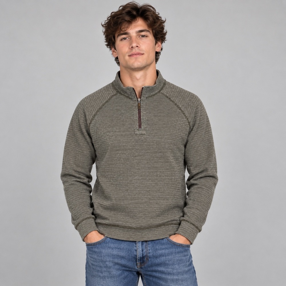 Tommy Bahama Sweater Mens Medium Olive Green Striped Quarter Zip Pullover Golf